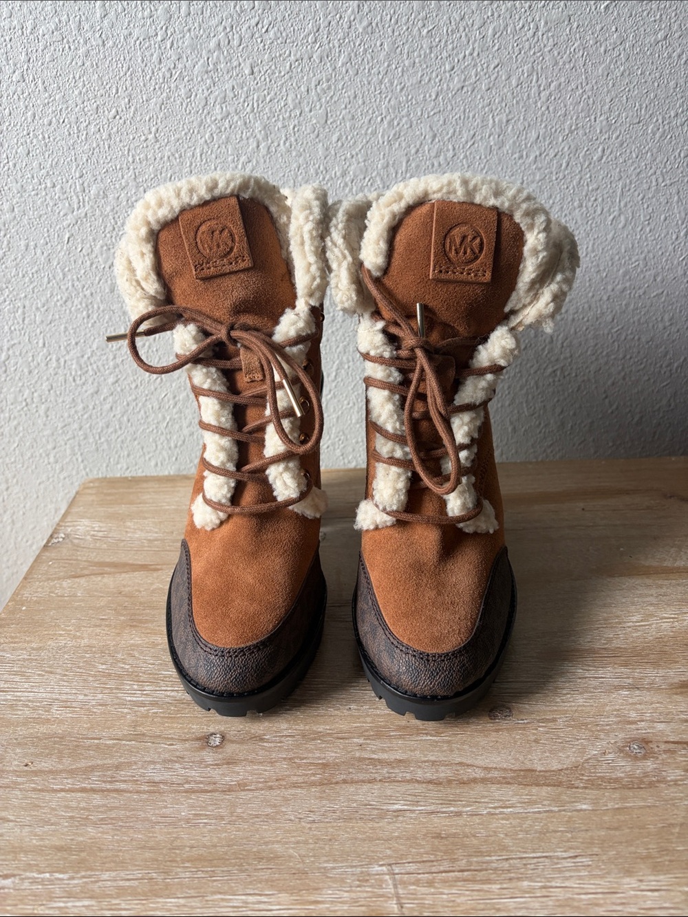 Michael Kors Chestnut Suede Lace-Up Shearling Heeled Boots